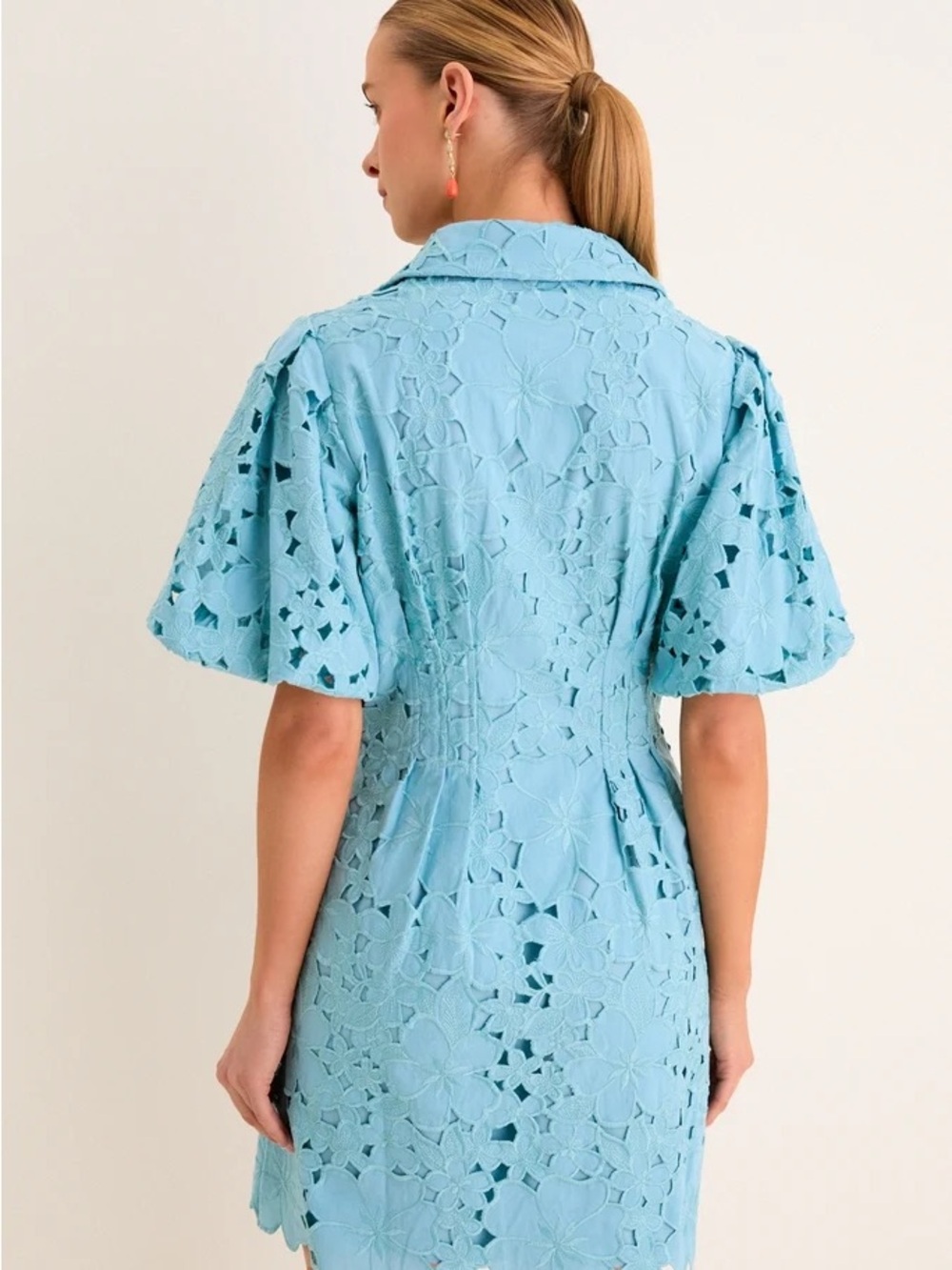 Tuckernuck Cameo Blue Collar Eyelet Mini Delaney Dress M Puff Sleeves Scallop - Picture 5 of 5